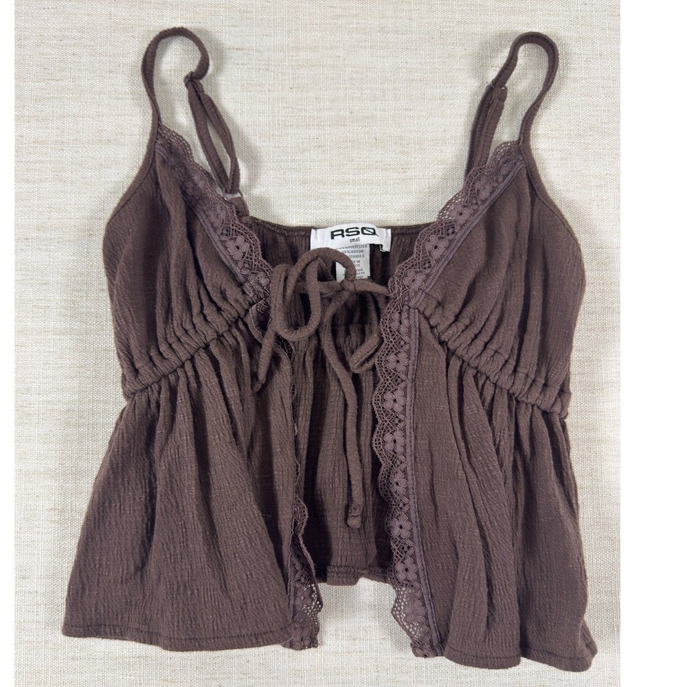 RSQ Brown Lace Trim Tie Front Cami Top Sleeveless Textured Boho Small